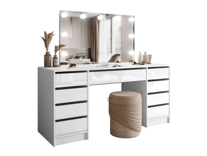 SCHMINKTISCH MADA DOUBLE ELITE mit Spiegel und Beleuchtung, Weiß hochglanz