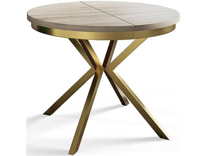 AlpiMeble Esszimmertisch BERGO, Durchmesser: 100-180 cm, Sonoma, Gold Beine Runder Tisch, Ausziehbarer Tisch, Wohnzimmertisch mit Metallbeinen