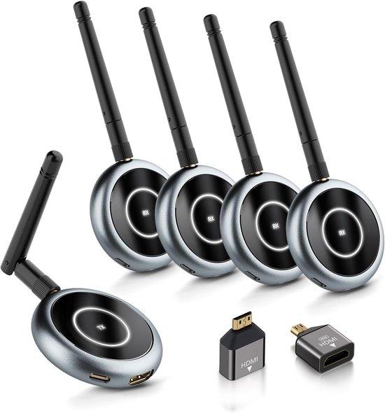 SnelShoppen - Kabelloser HDMI-Sender mit 4 Empfängern, Multi-Screen-Anzeige, 1080p bei 60 Hz, kabellose HDMI-Übertragung für Laptop, Kamera zu mehreren Bildschirmen