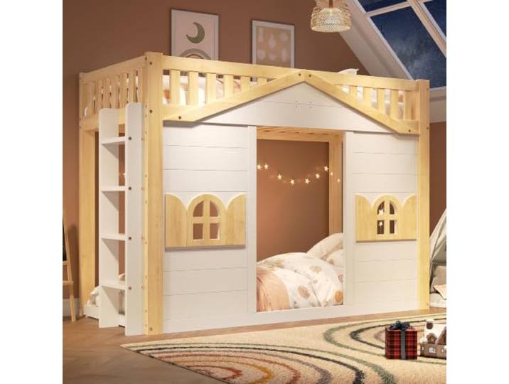 DUlVBPE Etagenbett, Hochbett, Kinderbett, Holzbett, Hausbett 90x200cm, Fenster-Form, darunter als Bett oder als Aktivitätsbereich genutzt, weiß+Naturfarbe