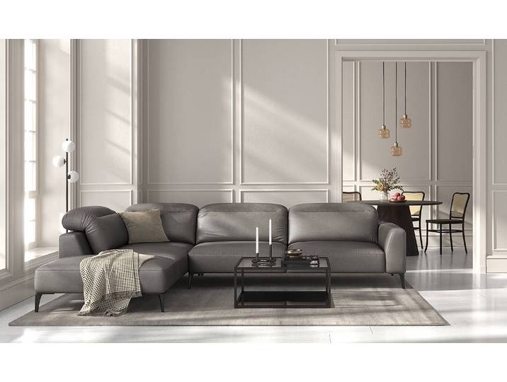 Ecksofa mit Ottomane Grau/Grau Echtleder Danbi 325cm Ottomane davorstehend links Modern
