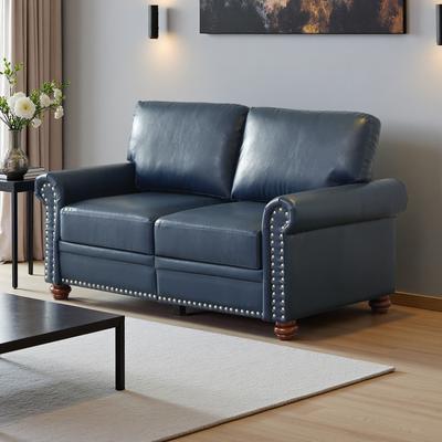 ZWYO HOSIMU "59"" Faux Leather Loveseat with Round Arms, Silver Nail Decoration, Storage Boxes and Solid Wood Legs - 2-Seater Sofa"