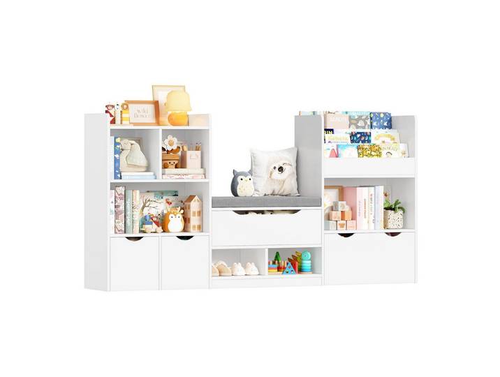 Homfa Sitzbank Kinderregal mit 3 Schubladen auf Räder 183x94x29,8 cm, Spielzeugregal mit 7 offenen Fächern Spielzeugtruhe weiß