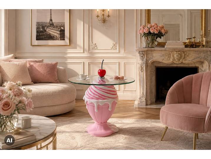 Runder Beistelltisch SWEET SOCIETY 65cm pastell rosa weiß Glasplatte mit abnehmbarer Kirsche Säulentisch Modern & Design