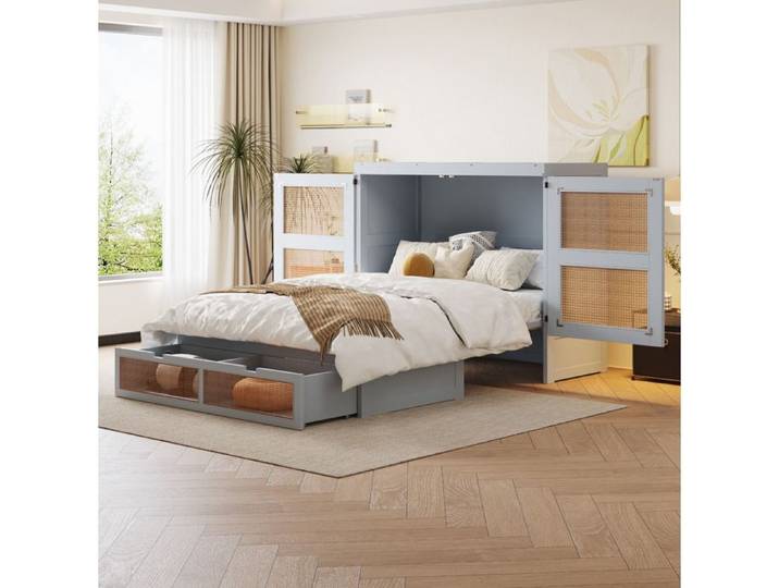 Lit escamotable Schrankbett 140x200 cm Gris - Murphy Bed avec Rattan Design Lattenrost 270° Porte Placard Intégré Gris Moderne
