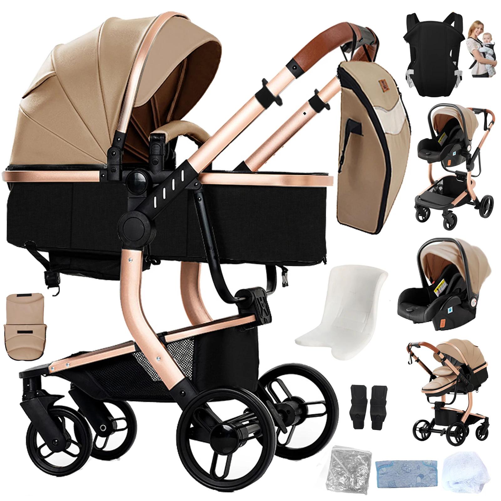 3-in-1 Kinderwagen X518 - Reisesystem - Mit Babyschale - Wendeaufsatz - Zusammenklappbar - Stoßgedämpfte Geländereifen - Wasserdichtes Kunstleder - Hellkhaki