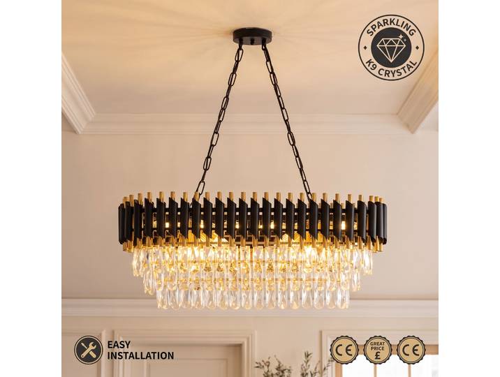 Lustre moderne noir et or en cristal, lustre ovale à 3 niveaux en cristal K9 pour îlot de cuisine/salon/chambre/salle à manger