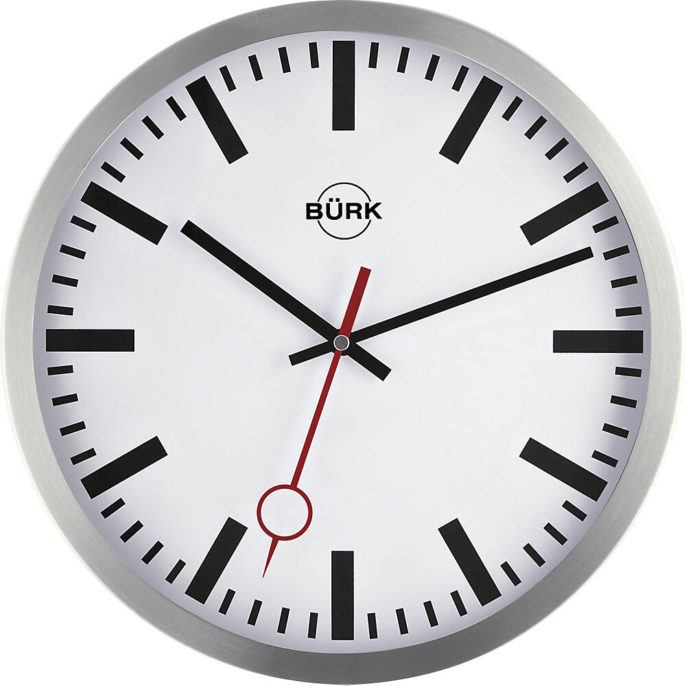 kaiserkraft Wanduhr aus geschliffenem Aluminium, Funkuhrwerk, Ø 300 mm, Zifferblatt weiß