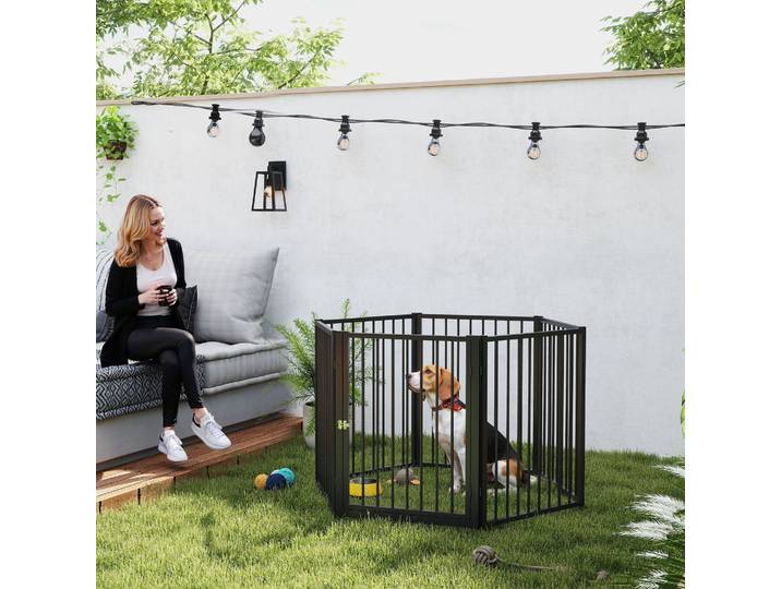 PawHut Enclos Chiots 6 Panneaux avec Porte Acier Noir
