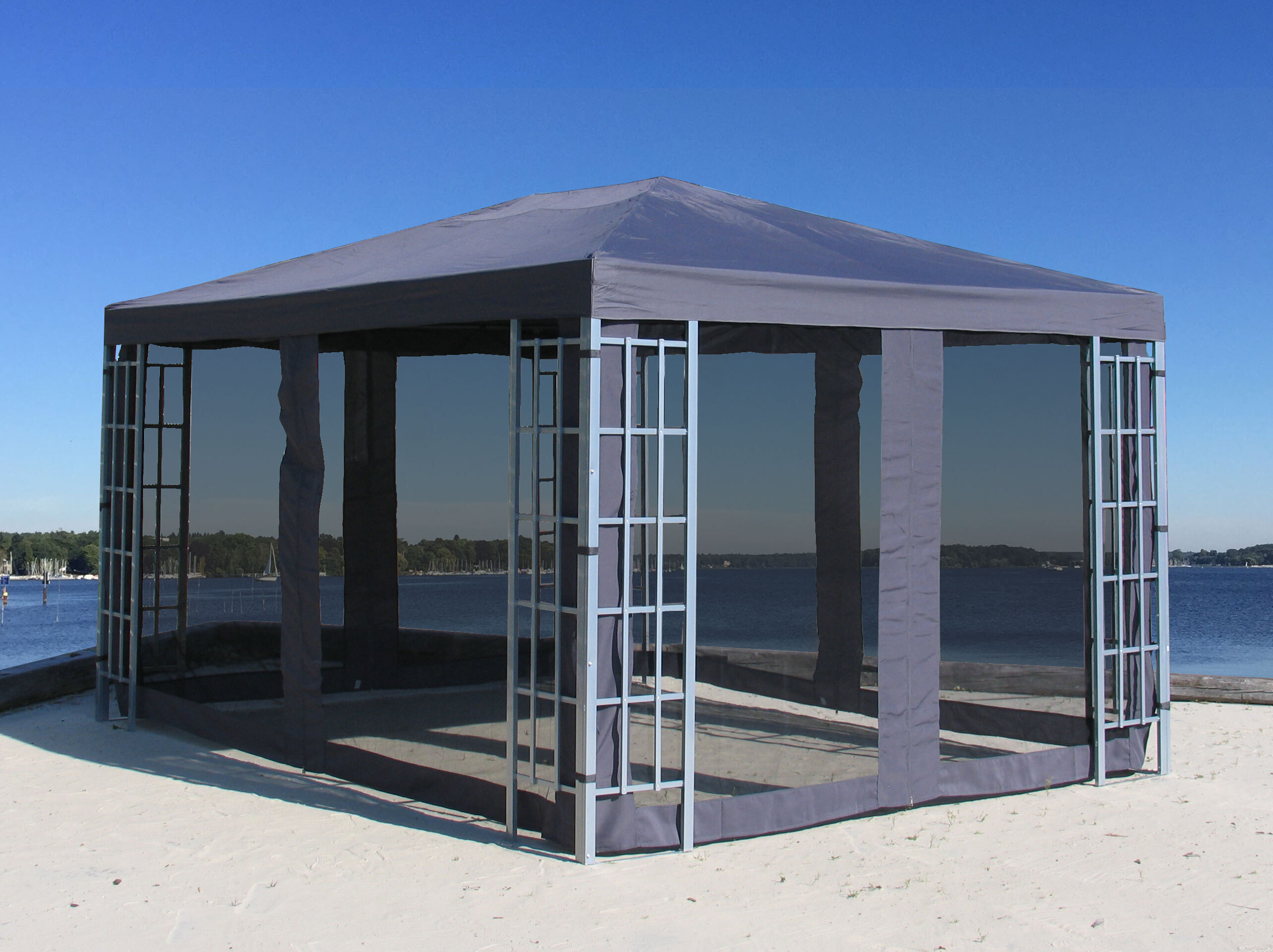 Rank Pavillon Set 3x4m Metall Garten Partyzelt Anthrazit mit 4 Seitenteilen mit Moskitonetz