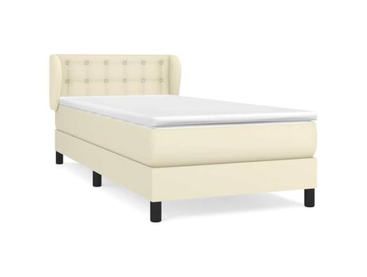 PUGYNBK Boxspringbett, Kunstleder, cremefarben, 90 x 190 cm Verstellbares Kopfteil, Taschenfederkernmatratze, mittlere Härte, einfache Reinigung