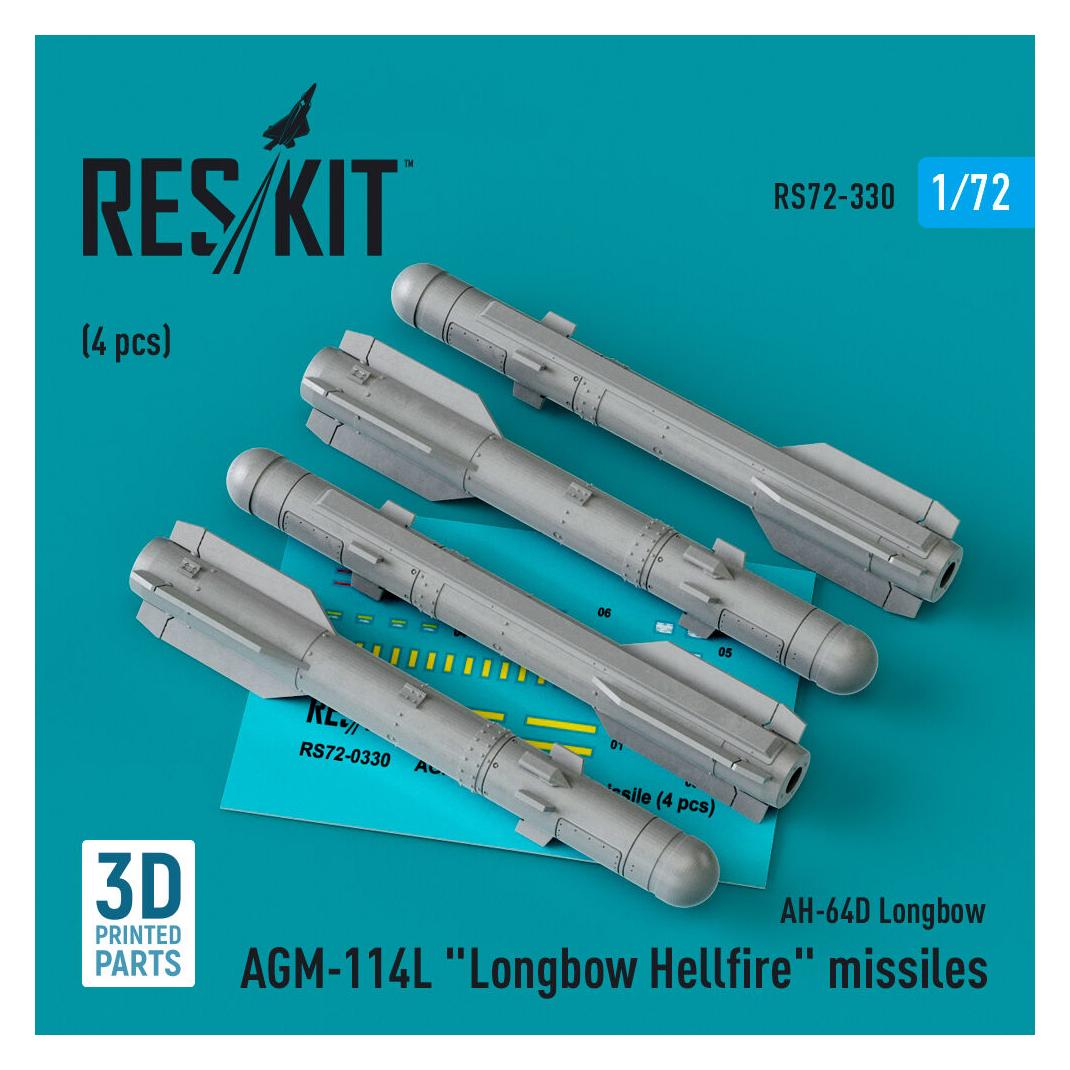 ResKit AGM-114L Longbow Hellfire missiles (4 pcs)(AH-64D Longbow) (3D Printed) (RS72-0330)