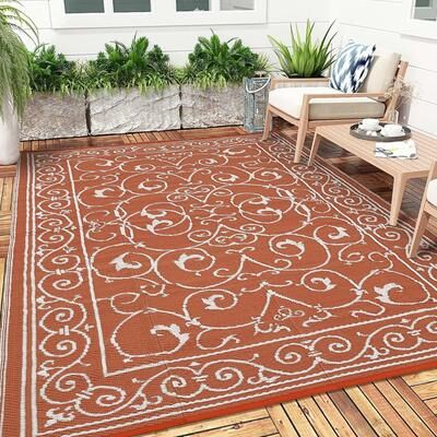 Garvee Floral Scroll Outdoor Waterproof Patio Balcony Rug