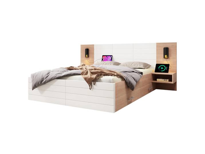 Modfu Polsterbett aus Massivholz/MDF 160x200 cm in Weiß mit Matratze & Leselicht, 160x200 cm, Schlafzimmer, Betten, Polsterbetten