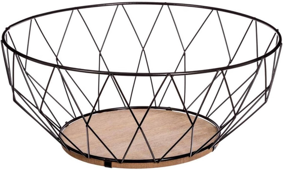 Zwarte metalen decoratieve mand met uniek patroon, diameter 28 cm