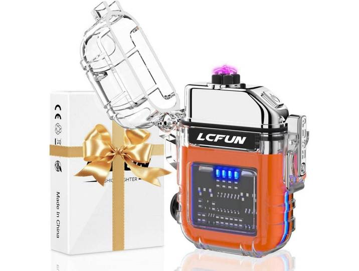 Feuerzeug Elektrisch USB Aufladbar Wasserdicht Winddicht mit Taschenlampe Orange, Mehrfarbig, Kunststoff, 4x1.8x6.2 cm, Küchenzubehör, Küchenhelfer