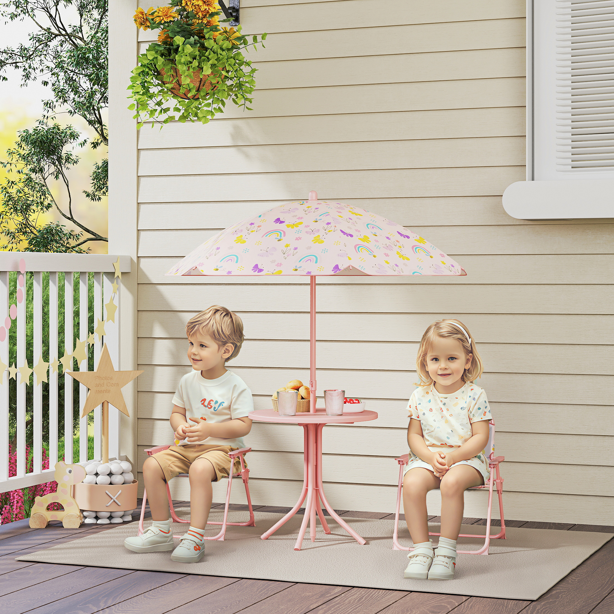 Aiyaplay Set da Giardino per Bambini 2-5 Anni con Tavolino Rotondo, 2 Sedie Pieghevoli e un Ombrellone, Rosa