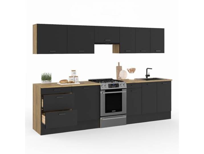 IDMarket - Komplette Küche Fronteinsatz 300 cm SUBTIL mit Arbeitsplatte 9 Elemente Holz und Schwarz