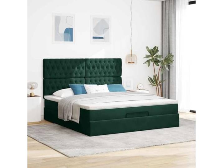 KTHLBRH Bettgestell Pouf 180 x 200 cm Samt dunkelgrün Hydraulischer Aufzug, Unterbettkommode, Taschenfederkernmatratze, inklusive Matratzenbezug