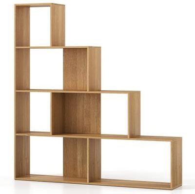 Costway 4-Tier Bookshelf Stair Bookcase with 6 Cubes Display Rack-Natural