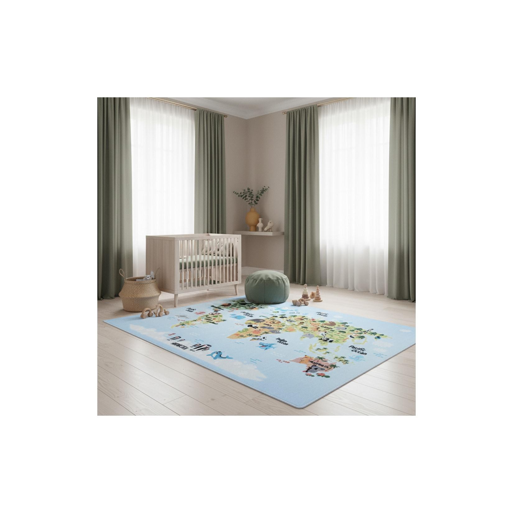 Kinderteppich TRAUN, mit Weltkarte-Tiere-Motiv, Blau, 140 x 200 cm