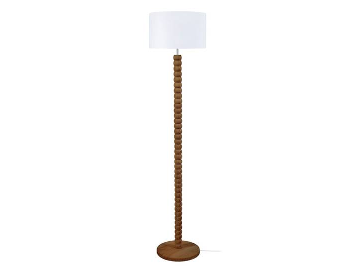 Lampadaire bois foncé métal abat-jour tissu blanc
