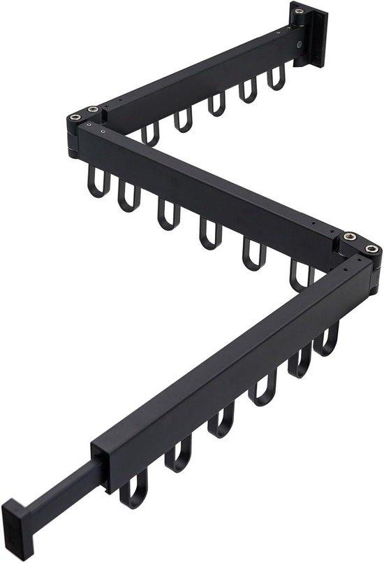 Inklapbaar 3-laags wandgemonteerd wasrek met haken, zwart, aluminium/metaal