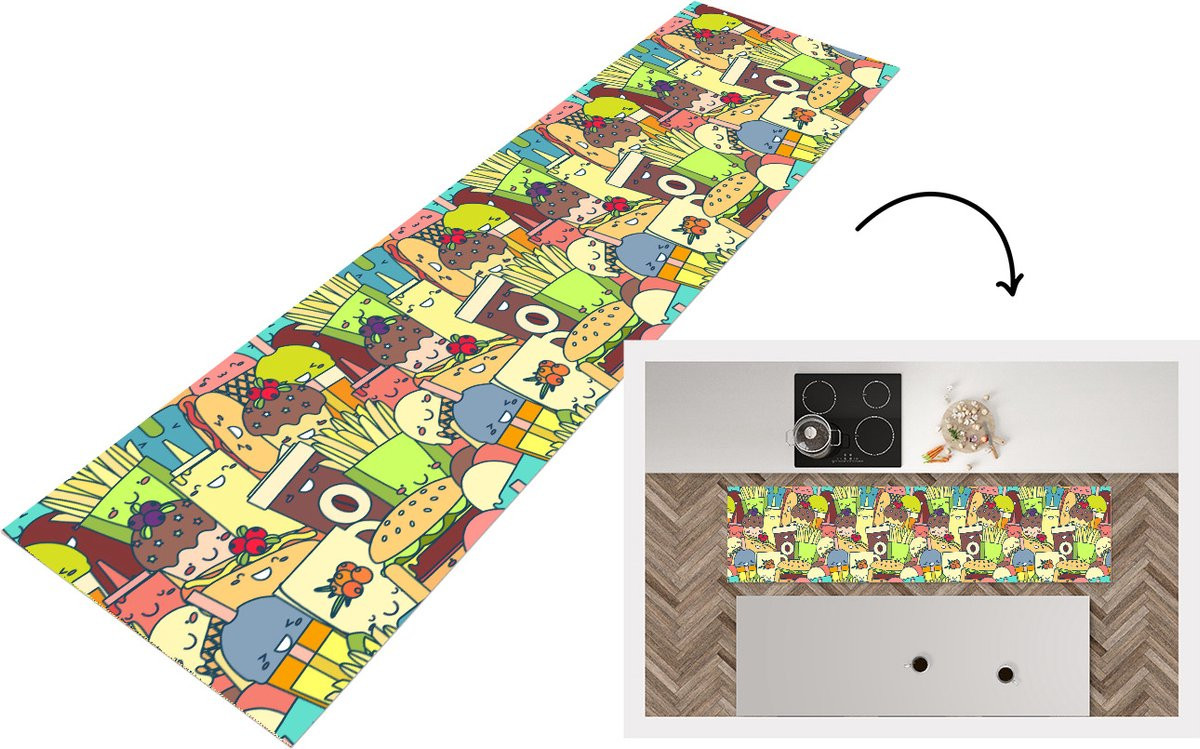KitchenYeah Keukenloper Kawaii Fast Food Patronen Vinyl 240 x 60 cm