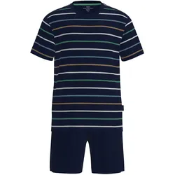 GÖTZBURG Herren Schlafanzug, kurz - Shorty, Rundhalsausschnitt, gestreift, Baumwolle, Pyjama Blau / L
