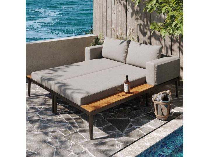 Canapé de jardin deux places fauteuil lounge d'extérieur 140 x 150 x 30 cm pour terrasse jardin et balcon - Gris