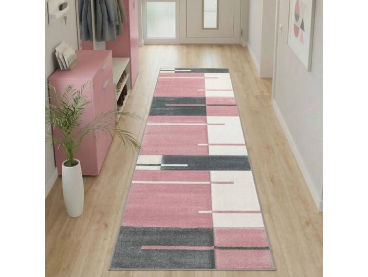 Carpetsale24 Tapis de salon Rose 80x300 cm tapis sculpté à la main moderne design à carreaux tapis à poils courts