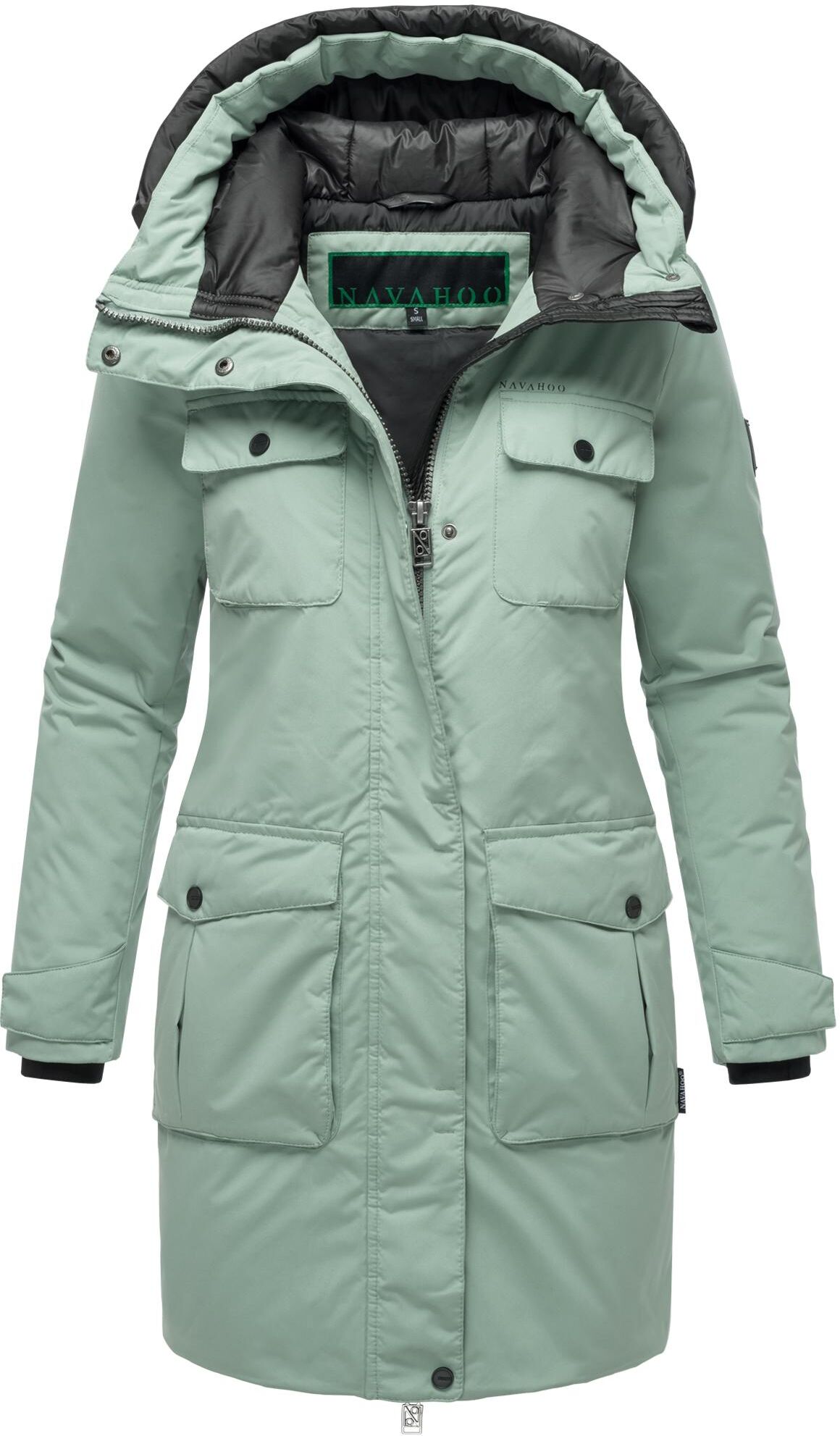 Winterjacke NAVAHOO "Eissturm 14", Damen, Gr. S (36), blau (rauchtürkis), Material: 100% Polyester, gerade hüftbedeckend, weit gerader Abschluss, Jacken Winterjacke, Wasserabweisende Jacke mit Kapuze
