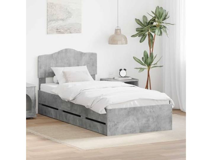 KTHLBRH Bettgestell mit Schubladen, Zementgrau, 75 x 190 cm Technisches Holz, 6 versteckte Schubladen, Kopfteil inklusive, freistehend