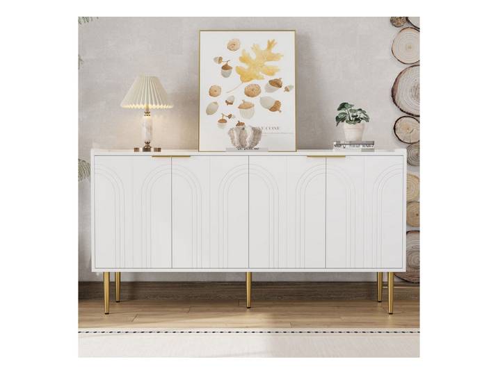 Welltin Kommode Sideboard 140x38x75 cm mit 4 Türen & goldenen Beinen, Weiß