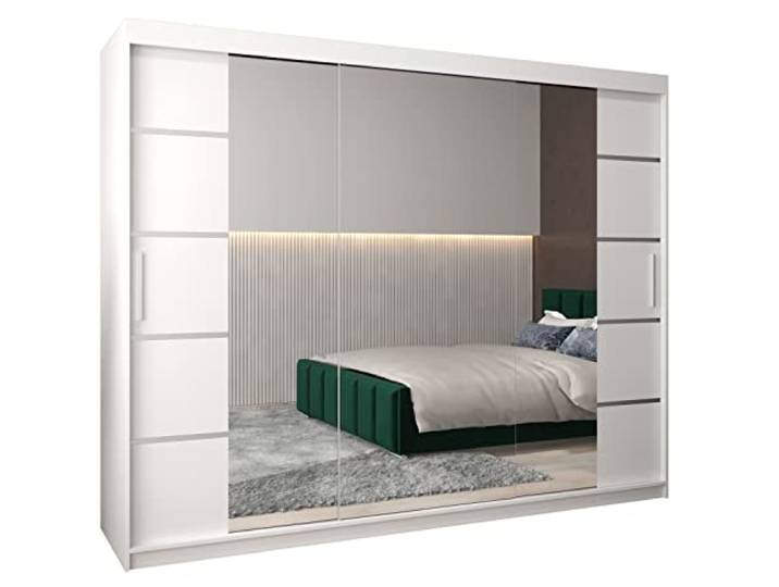 MEBLE KRYSPOL Verona 4 250 Schlafzimmerschrank Schiebetüren Schrank mit Spiegel Kleiderschrank mit Spiegel Schiebetürenschrank Kleiderschrank Schiebetüren – 250x200x62cm - Mattweiß