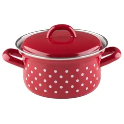 Riess Kasserolle mit Deckel Ø14cm 0,8L Pünktchen Rot Emaille