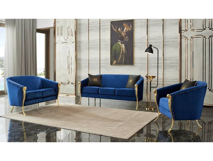 JVmoebel Sofa Elegante blaue Sofa-Gruppe mit goldenen Edelstahlfüßen, Made in Europa