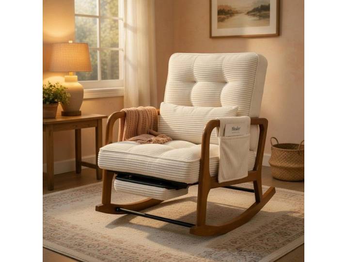 CollaHausse Fauteuil à Bascule en Velours Côtelé Beige avec Repose-Pieds Poches et Coussin Lombaire