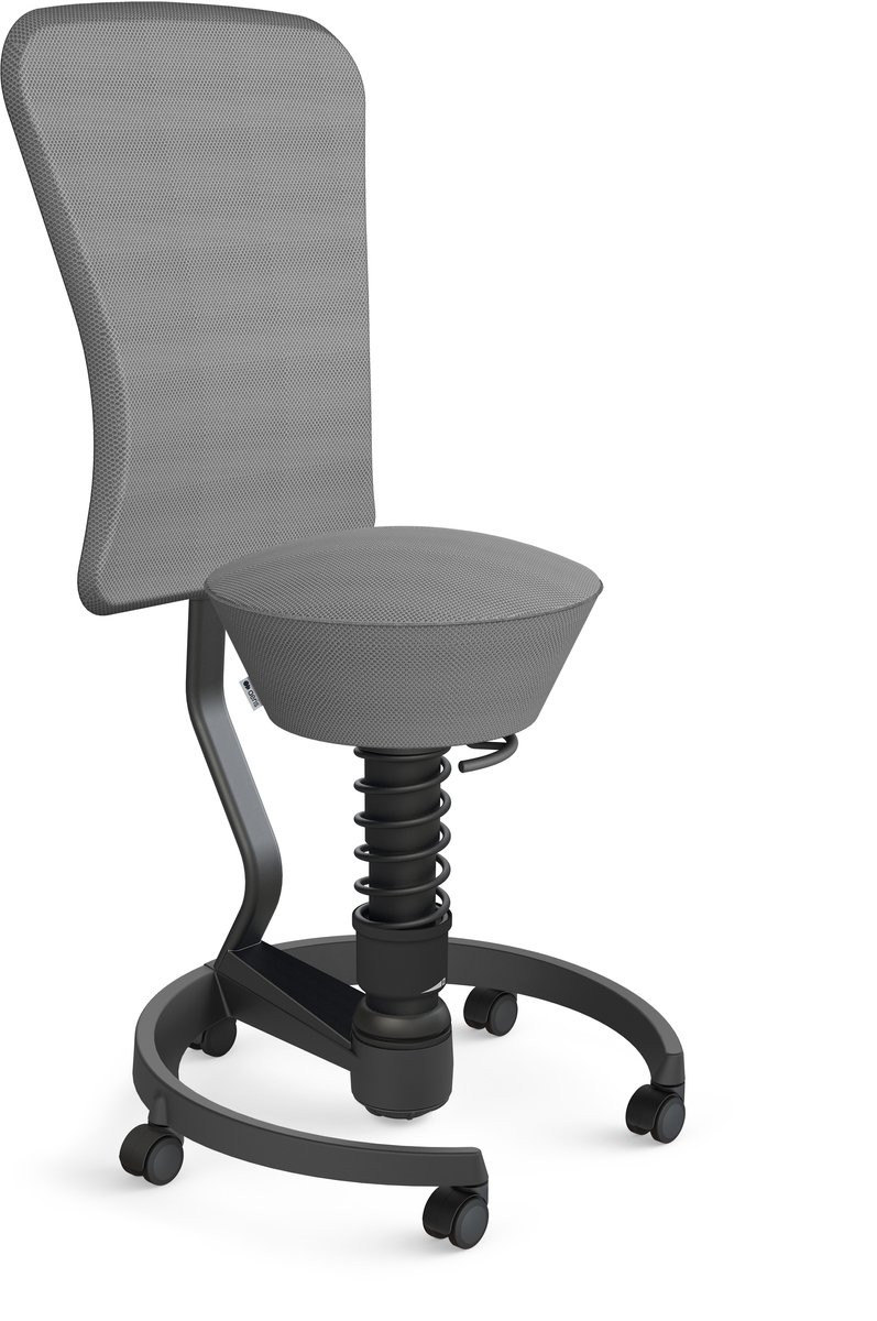 Aeris Swopper actieve bureaustool met rugleuning en zwenkwielen voor harde vloeren, zwart met grijze mesh bekleding