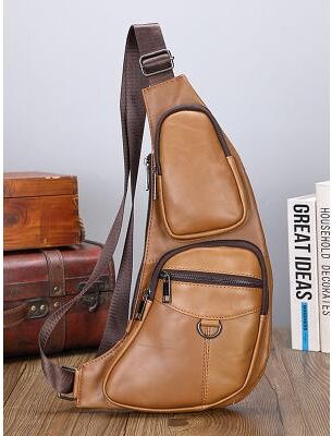 LightInthebox Men's Premium Leather Sling Bag - Stylish Crossbody Backpack with Multiple Zippers for Everyday Use, Travel, and Outdoor Activities
