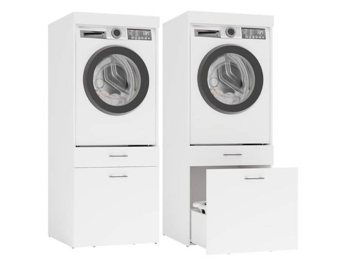 POLA 2S - Meuble de salle de bains pour lave-linge ou sèche-linge - 2 tiroirs étagère - 64x162x64 cm - BLANC