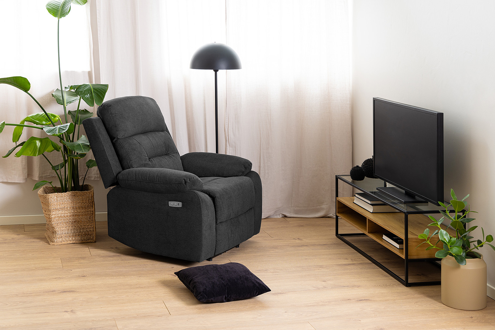 home24 Relaxfauteuil grijs geweven stof B: 92 cm, D: 98 cm, H: 96 cm