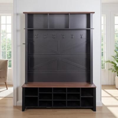 ZWYO HOSIMU "56""L Particle Board 4-in-1 Design Hall Tree with 6 Hooks, Adjustable Shelves, 16 Open Compartments, Umbrella Holder for Mudroom"