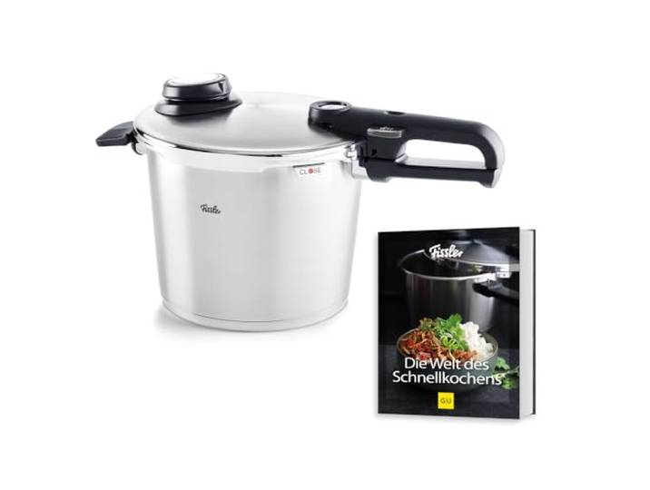 Fissler, Vitavit Premium Schnellkochtopf-Set (6 L, Ø 22 cm), Einsatz & Schnellkochtopf-Buch, 4 Garstufen inkl. Dampfgarstufe, Induktion, Made in Germany
