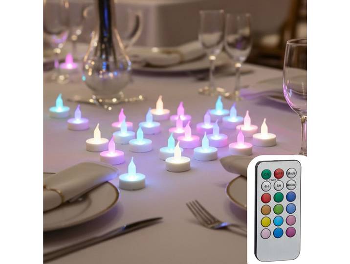LED-Teelicht-Set, 20 Stück, bunt, inkl. Fernbedienung und 4/8h Timer, Ø 4cm