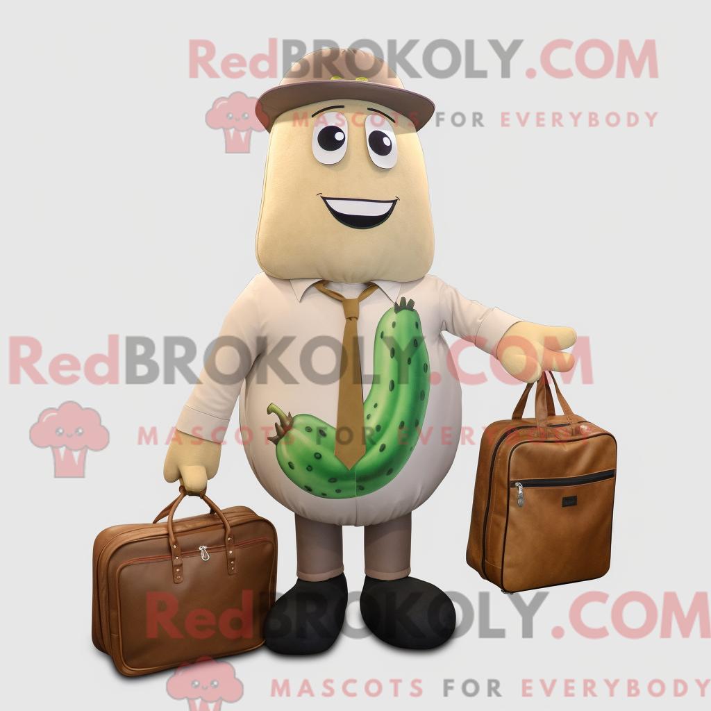 Maskottchenfigur REDBROKOLY einer beigen Gurke mit Popeline-Hemd und Aktentasche