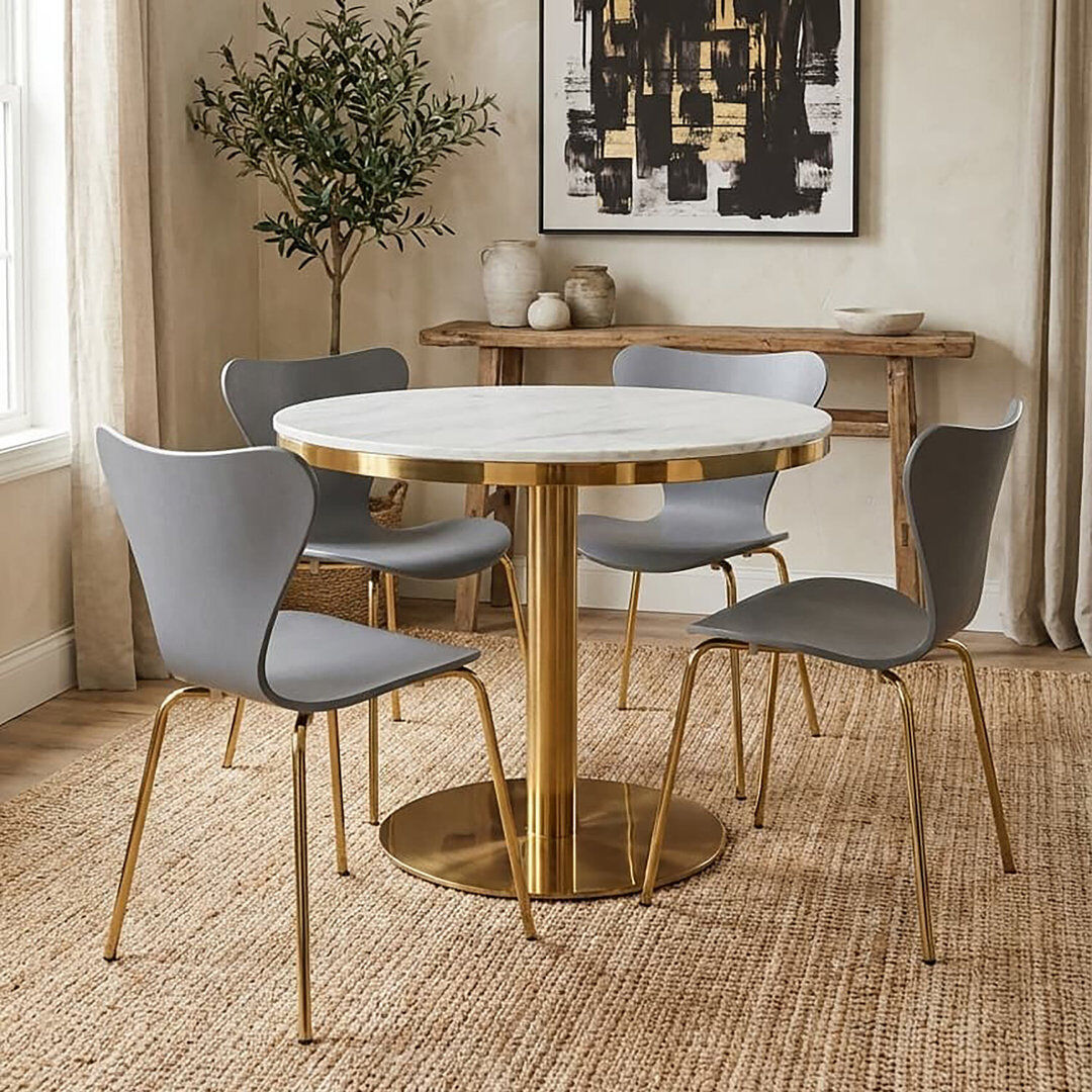 Canora Grey Round Marble Top Dining Table with Stainless Steel Base White