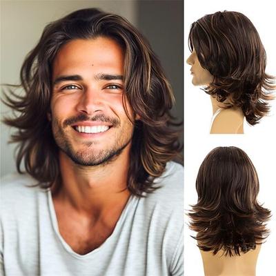 Herrenperücke, braun, natürlich gestuft, kurz, Seitenscheitel, synthetisch, für Cosplay, Kostümpartys, voluminös, für Männer