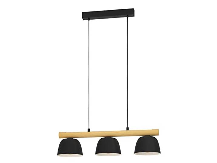 Eglo Suspension luminaire Sherburn\, lustre à 3 lampes pour salon et salle à manger\, FSC100HB\, luminaire de plafond à suspendre en métal noir et bois naturel\, douille E27