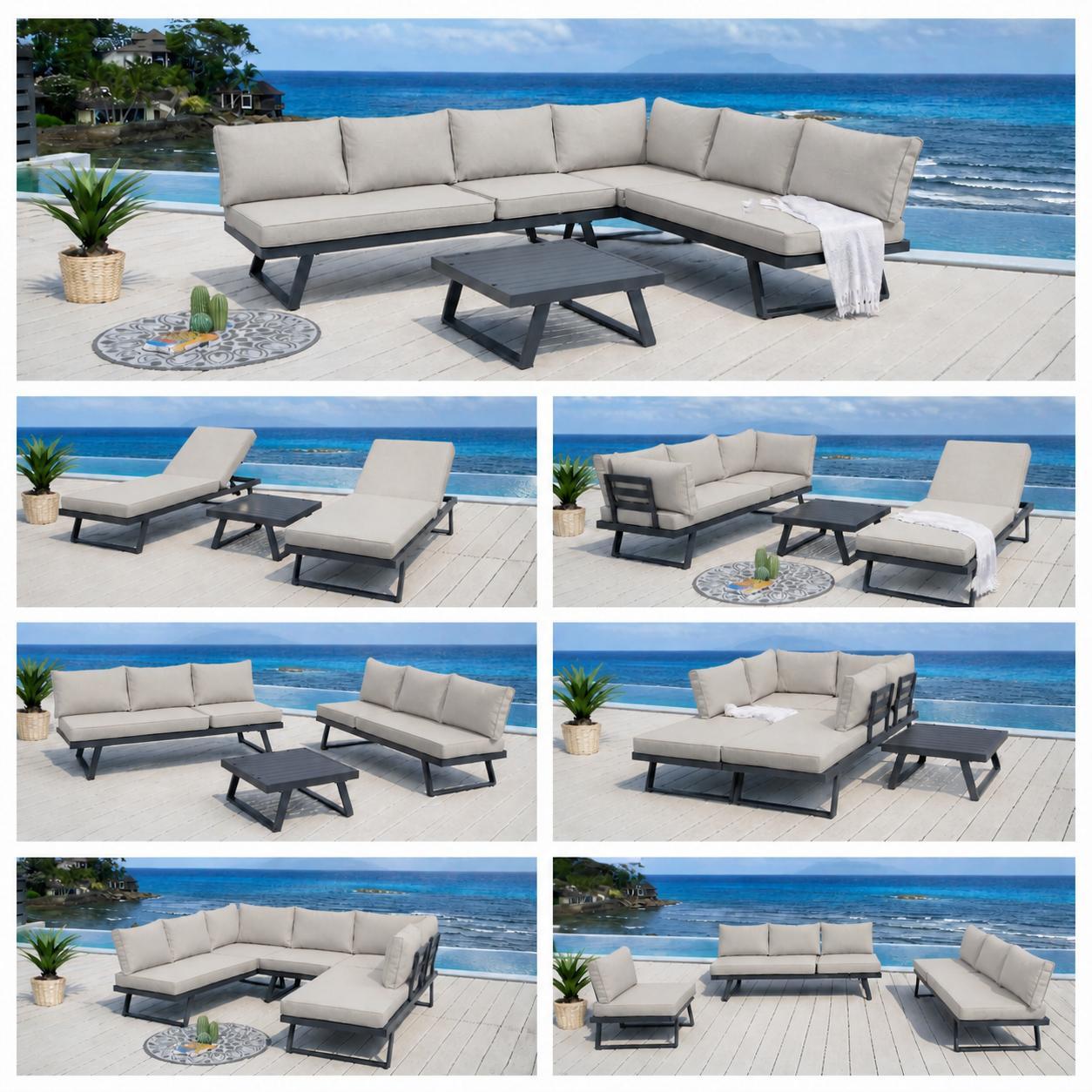ALEOS. Gartenlounge wetterfest Lounge Aluminium bequeme OUTDOOR Polster Kissen Olefin Multifunktionslounge Loungeecke Lounge Set Loungegarnitur Sitzgruppe Doppelliege Sofagarnitur CANCUN beige